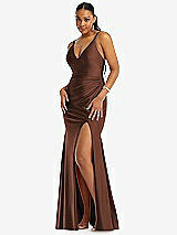 Front View Thumbnail - Cognac Deep V-Neck Stretch Satin Mermaid Dress with Slight Train