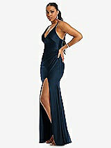 Side View Thumbnail - Midnight Navy Deep V-Neck Stretch Satin Mermaid Dress with Slight Train