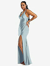 Side View Thumbnail - Mist Deep V-Neck Stretch Satin Mermaid Dress with Slight Train