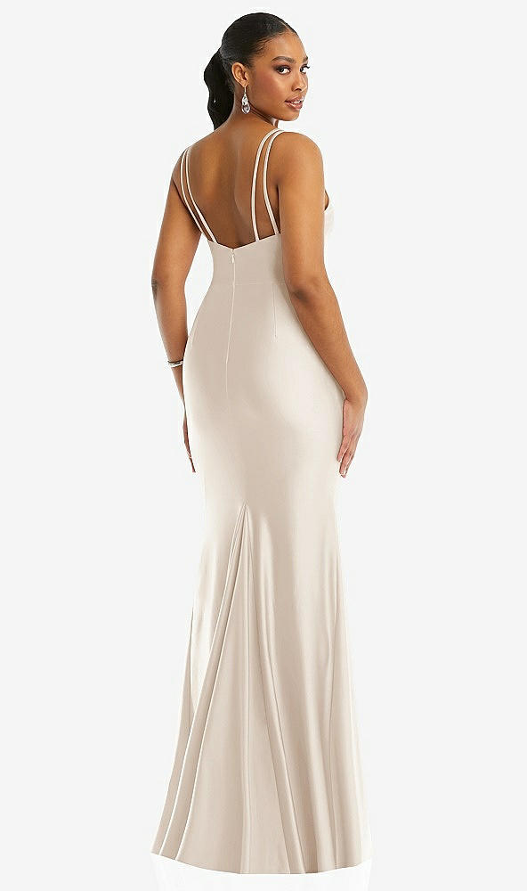 Back View - Oat Deep V-Neck Stretch Satin Mermaid Dress with Slight Train