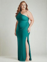 Alt View 2 Thumbnail - Peacock Teal One-Shoulder Asymmetrical Cowl Back Stretch Satin Mermaid Dress