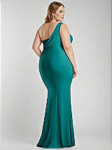 Alt View 3 Thumbnail - Peacock Teal One-Shoulder Asymmetrical Cowl Back Stretch Satin Mermaid Dress