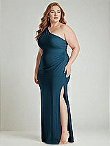 Alt View 2 Thumbnail - Atlantic Blue One-Shoulder Asymmetrical Cowl Back Stretch Satin Mermaid Dress