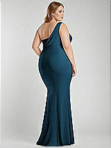 Alt View 3 Thumbnail - Atlantic Blue One-Shoulder Asymmetrical Cowl Back Stretch Satin Mermaid Dress