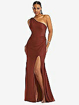 Front View Thumbnail - Auburn Moon One-Shoulder Asymmetrical Cowl Back Stretch Satin Mermaid Dress