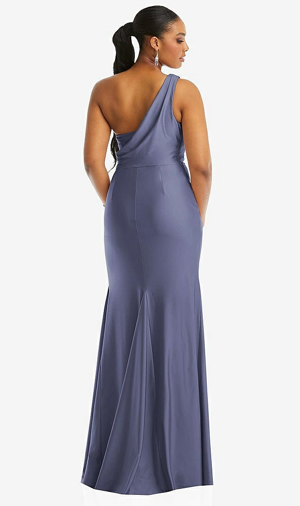 Back View - French Blue One-Shoulder Asymmetrical Cowl Back Stretch Satin Mermaid Dress