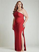 Alt View 2 Thumbnail - Poppy Red One-Shoulder Asymmetrical Cowl Back Stretch Satin Mermaid Dress