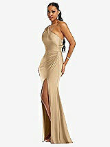 Side View Thumbnail - Soft Gold One-Shoulder Asymmetrical Cowl Back Stretch Satin Mermaid Dress