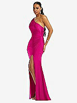 Side View Thumbnail - Think Pink One-Shoulder Asymmetrical Cowl Back Stretch Satin Mermaid Dress