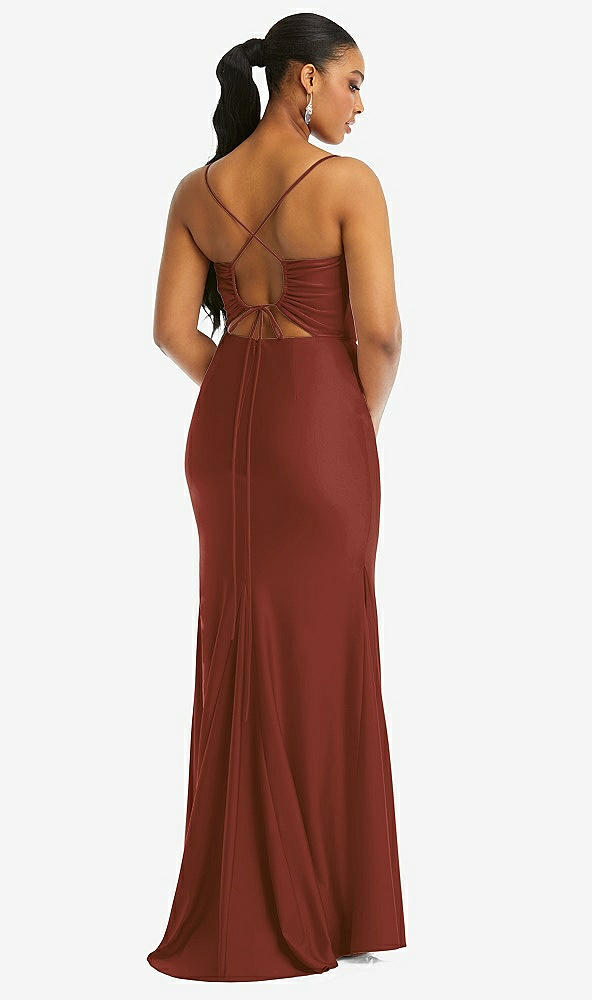 Back View - Auburn Moon Cowl-Neck Open Tie-Back Stretch Satin Mermaid Dress with Slight Train