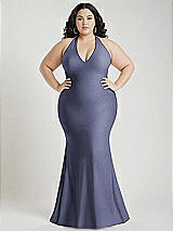 Alt View 1 Thumbnail - French Blue Plunge Neckline Cutout Low Back Stretch Satin Mermaid Dress