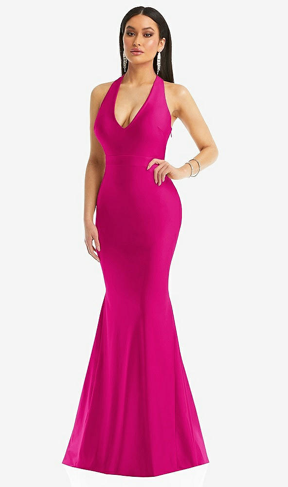 Front View - Think Pink Plunge Neckline Cutout Low Back Stretch Satin Mermaid Dress