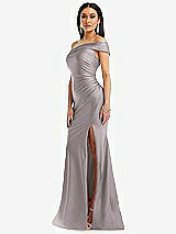 Alt View 2 Thumbnail - Cashmere Gray One-Shoulder Bias-Cuff Stretch Satin Mermaid Dress with Slight Train