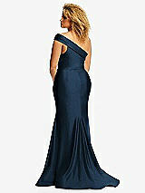 Rear View Thumbnail - Midnight Navy One-Shoulder Bias-Cuff Stretch Satin Mermaid Dress with Slight Train