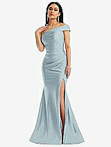 Alt View 1 Thumbnail - Mist One-Shoulder Bias-Cuff Stretch Satin Mermaid Dress with Slight Train