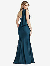 Rear View Thumbnail - Atlantic Blue Scarf Neck One-Shoulder Stretch Satin Mermaid Dress with Slight Train