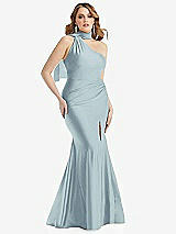 Alt View 1 Thumbnail - Mist Scarf Neck One-Shoulder Stretch Satin Mermaid Dress with Slight Train