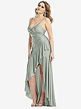 Side View Thumbnail - Willow Green Pleated Wrap Ruffled High Low Stretch Satin Gown with Slight Train