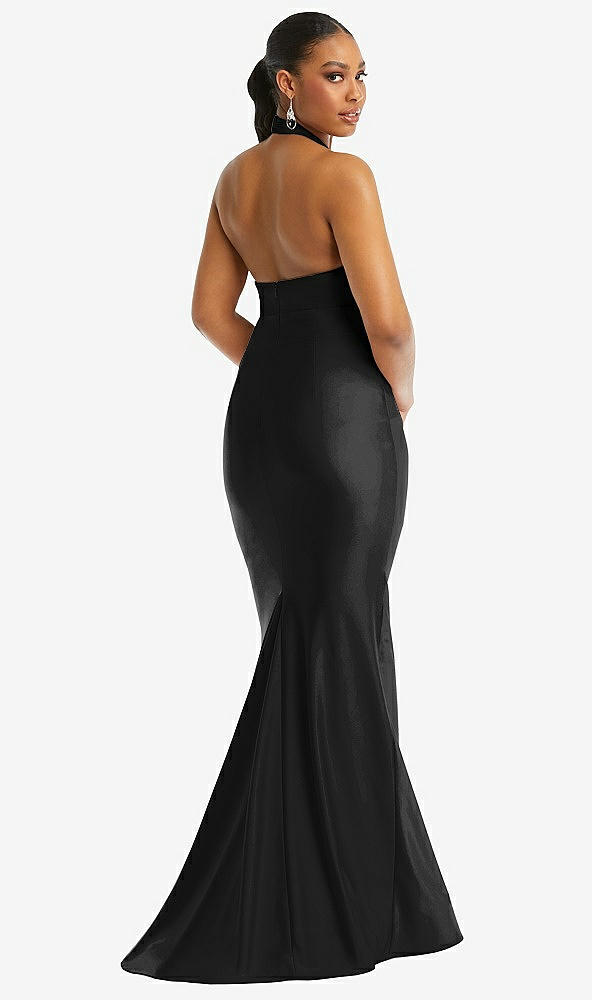 Back View - Black Criss Cross Halter Open-Back Stretch Satin Mermaid Dress