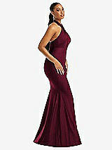 Side View Thumbnail - Cabernet Criss Cross Halter Open-Back Stretch Satin Mermaid Dress