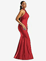 Side View Thumbnail - Poppy Red Criss Cross Halter Open-Back Stretch Satin Mermaid Dress