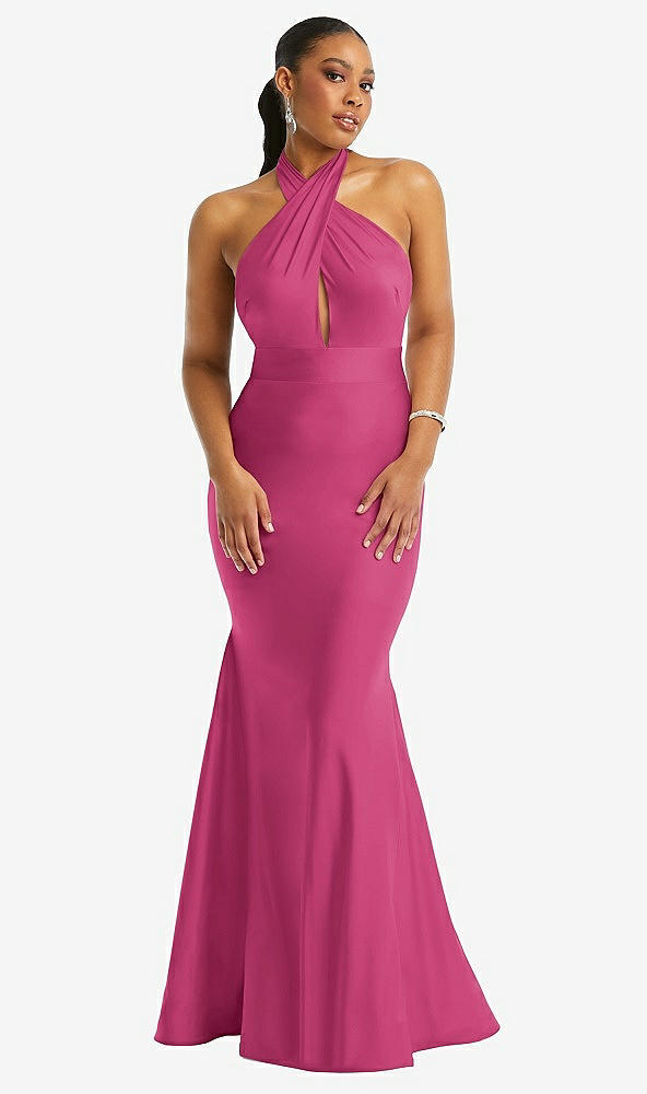 Front View - Tea Rose Criss Cross Halter Open-Back Stretch Satin Mermaid Dress