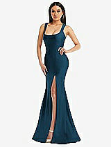 Alt View 1 Thumbnail - Atlantic Blue Square Neck Stretch Satin Mermaid Dress with Slight Train