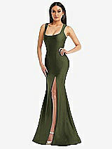 Alt View 1 Thumbnail - Olive Green Square Neck Stretch Satin Mermaid Dress with Slight Train