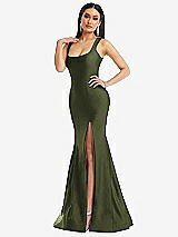 Alt View 2 Thumbnail - Olive Green Square Neck Stretch Satin Mermaid Dress with Slight Train