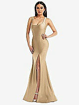 Alt View 1 Thumbnail - Soft Gold Square Neck Stretch Satin Mermaid Dress with Slight Train