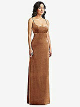 Front View Thumbnail - Golden Almond Spaghetti Strap Cutout Midriff Velvet Maxi Dress