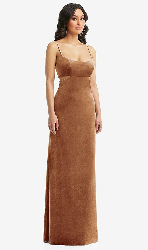 Front View - Golden Almond Spaghetti Strap Cutout Midriff Velvet Maxi Dress