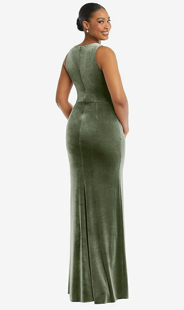 Back View - Sage Square Neck Closed Back Velvet Maxi Dress 