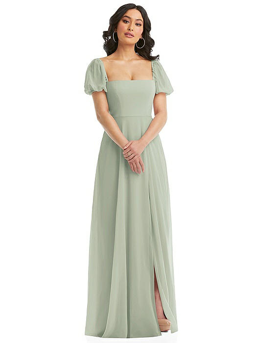 Puff Sleeve Chiffon Maxi Dress with Front Slit