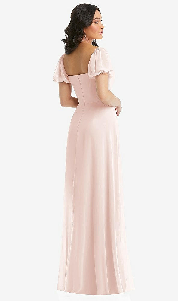 Back View - Blush Puff Sleeve Chiffon Maxi Dress with Front Slit