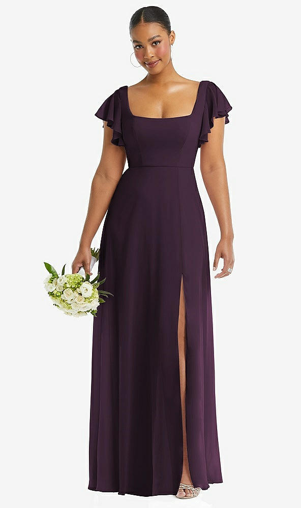 Front View - Aubergine Flutter Sleeve Scoop Open-Back Chiffon Maxi Dress