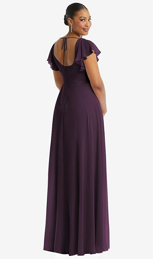 Back View - Aubergine Flutter Sleeve Scoop Open-Back Chiffon Maxi Dress