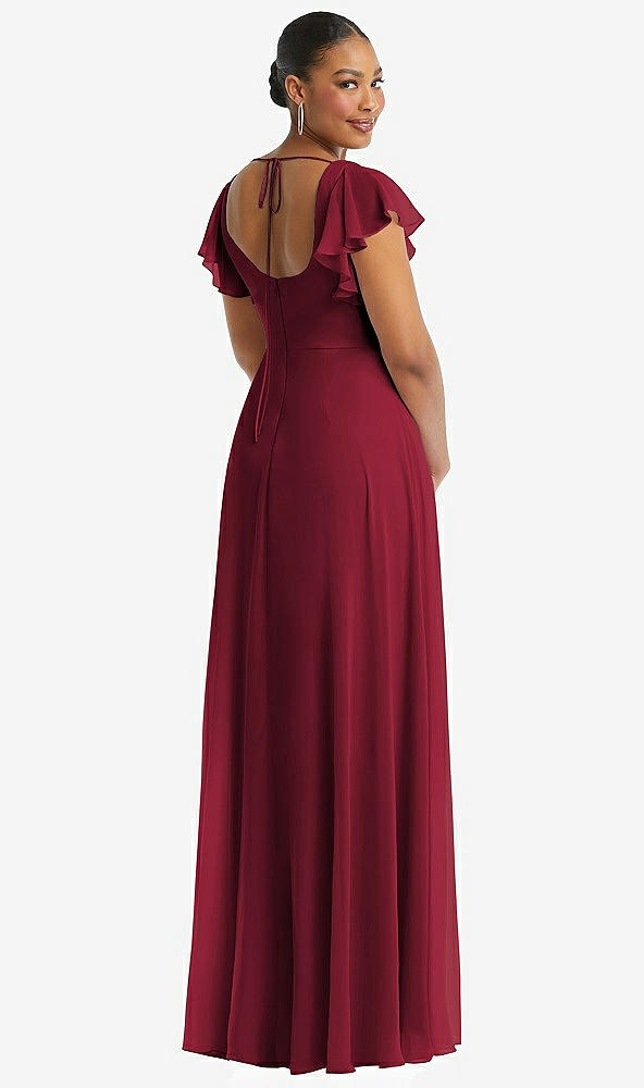 Back View - Burgundy Flutter Sleeve Scoop Open-Back Chiffon Maxi Dress