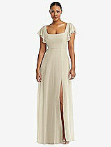 Alt View 1 Thumbnail - Champagne Flutter Sleeve Scoop Open-Back Chiffon Maxi Dress