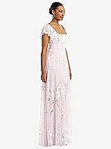 Side View Thumbnail - Watercolor Print Flutter Sleeve Scoop Open-Back Chiffon Maxi Dress