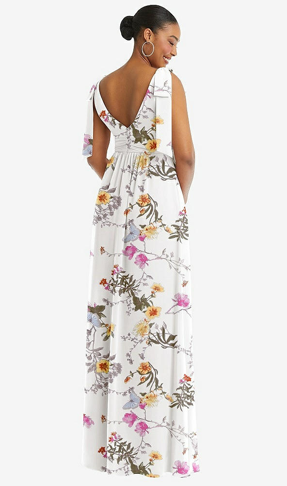 Back View - Butterfly Botanica Ivory Plunge Neckline Bow Shoulder Empire Waist Chiffon Maxi Dress