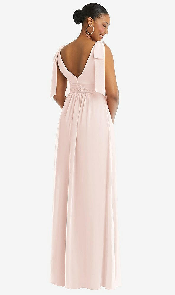 Back View - Blush Plunge Neckline Bow Shoulder Empire Waist Chiffon Maxi Dress