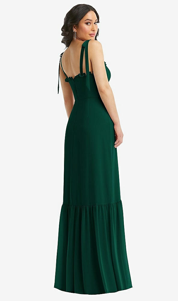 Back View - Hunter Green Tie-Shoulder Bustier Bodice Ruffle-Hem Maxi Dress