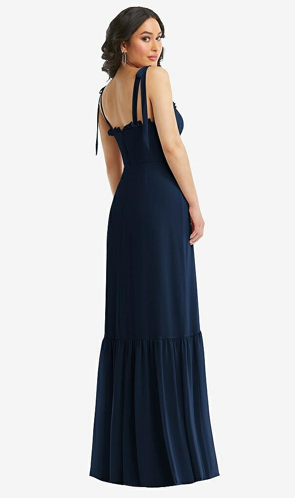 Back View - Midnight Navy Tie-Shoulder Bustier Bodice Ruffle-Hem Maxi Dress