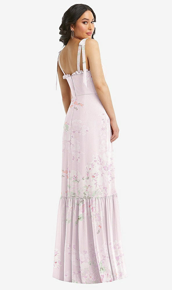 Back View - Watercolor Print Tie-Shoulder Bustier Bodice Ruffle-Hem Maxi Dress