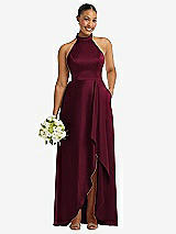 Alt View 1 Thumbnail - Cabernet High-Neck Tie-Back Halter Cascading High Low Maxi Dress