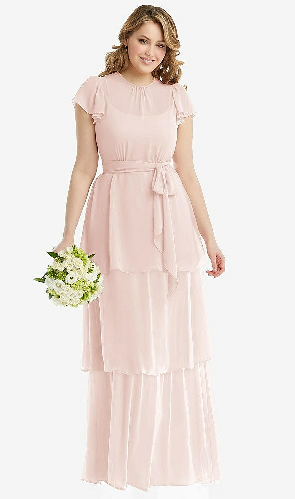 Front View - Blush Flutter Sleeve Jewel Neck Chiffon Maxi Dress with Tiered Ruffle Skirt