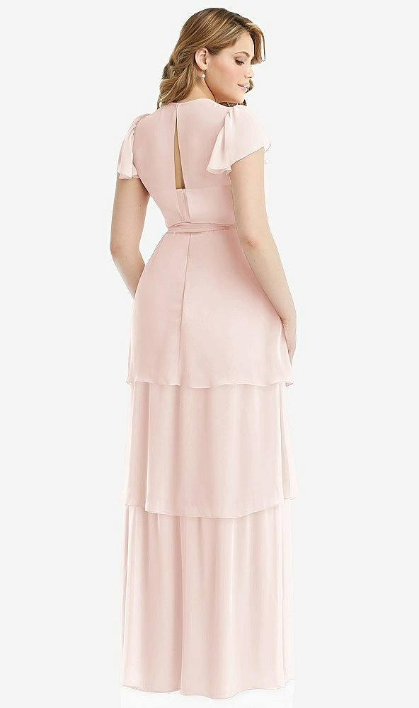 Back View - Blush Flutter Sleeve Jewel Neck Chiffon Maxi Dress with Tiered Ruffle Skirt