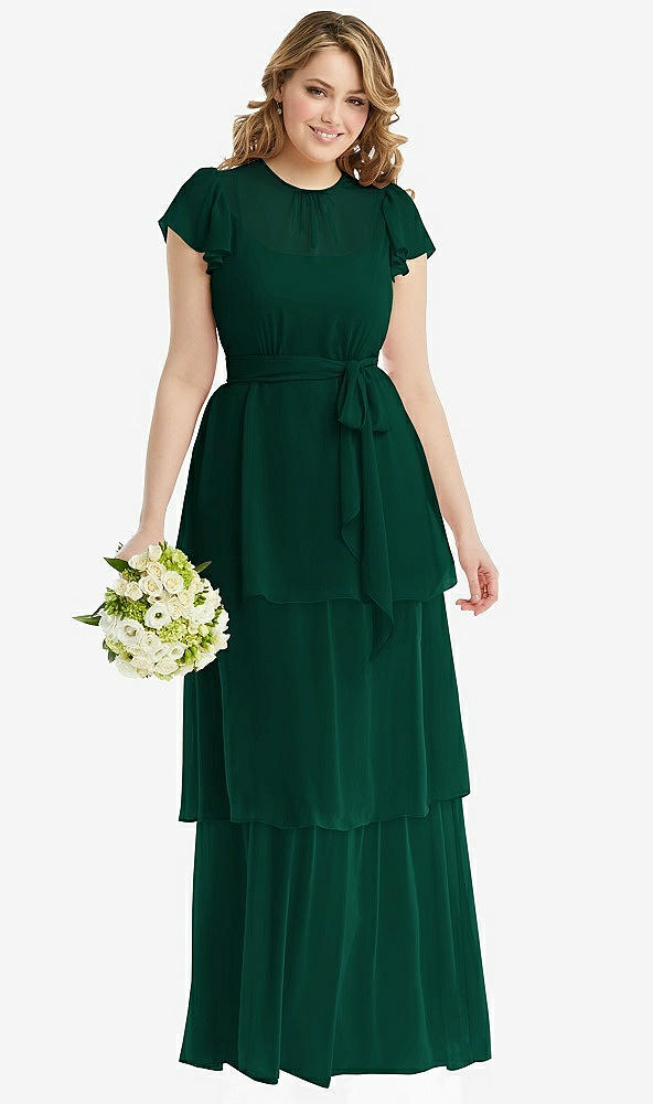 Front View - Hunter Green Flutter Sleeve Jewel Neck Chiffon Maxi Dress with Tiered Ruffle Skirt