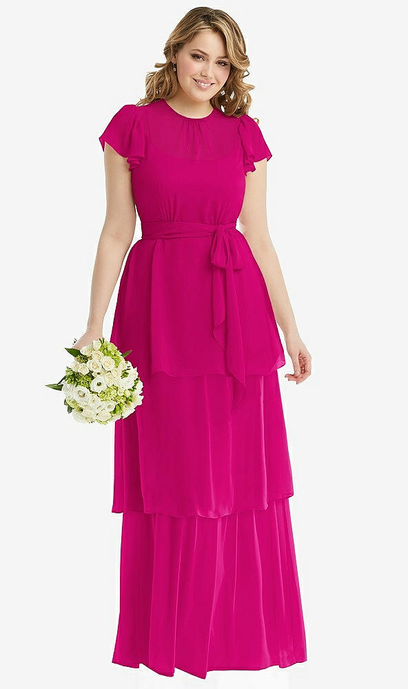 Front View - Think Pink Flutter Sleeve Jewel Neck Chiffon Maxi Dress with Tiered Ruffle Skirt